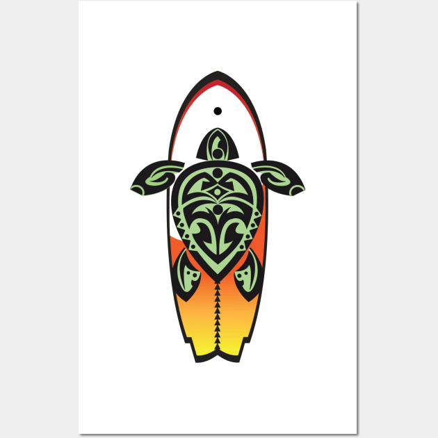 Tribal Turtle Tattoo Surfer Dude / Orange and Yellow Wall Art by srwdesign